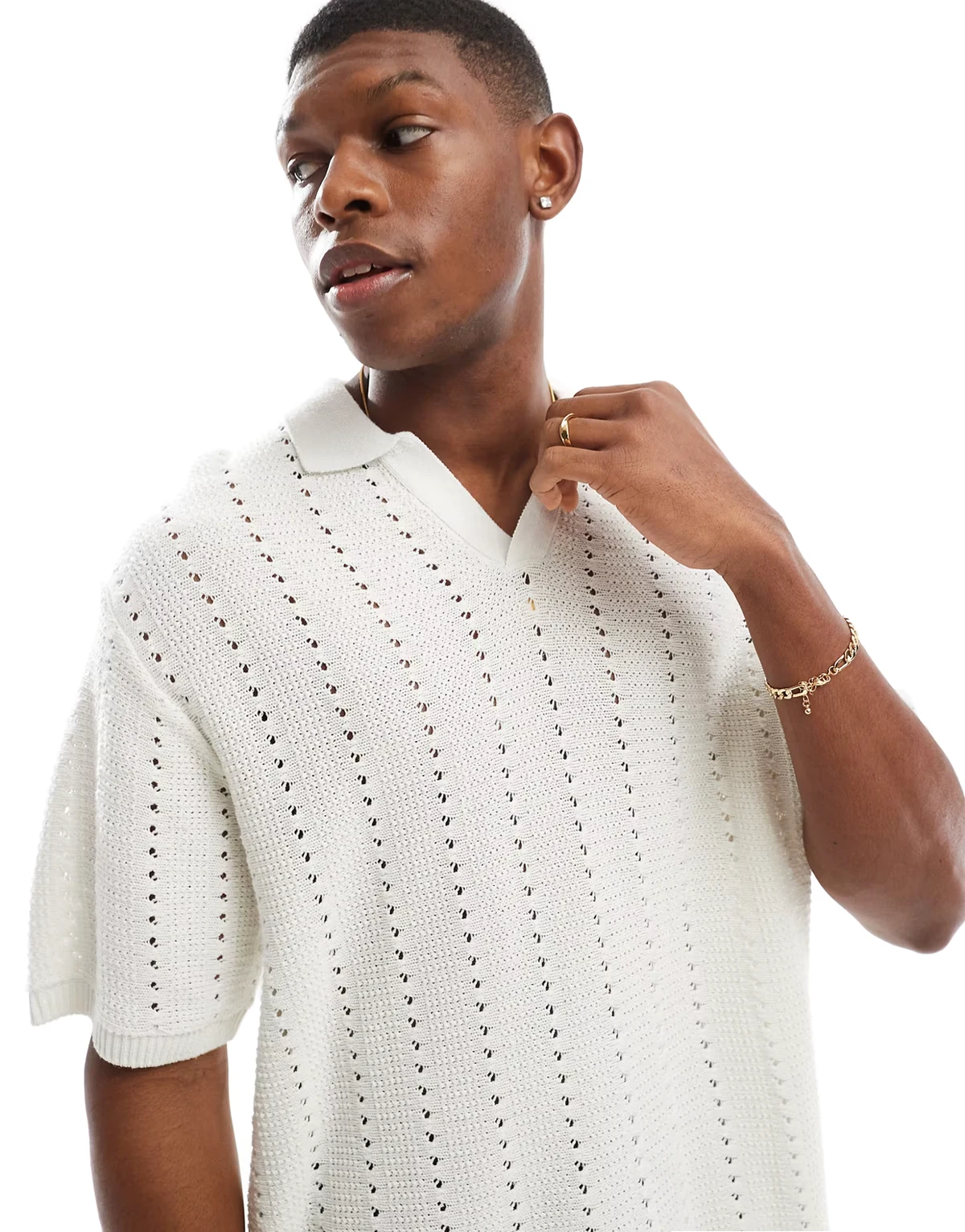 split neck polo in crochet in white