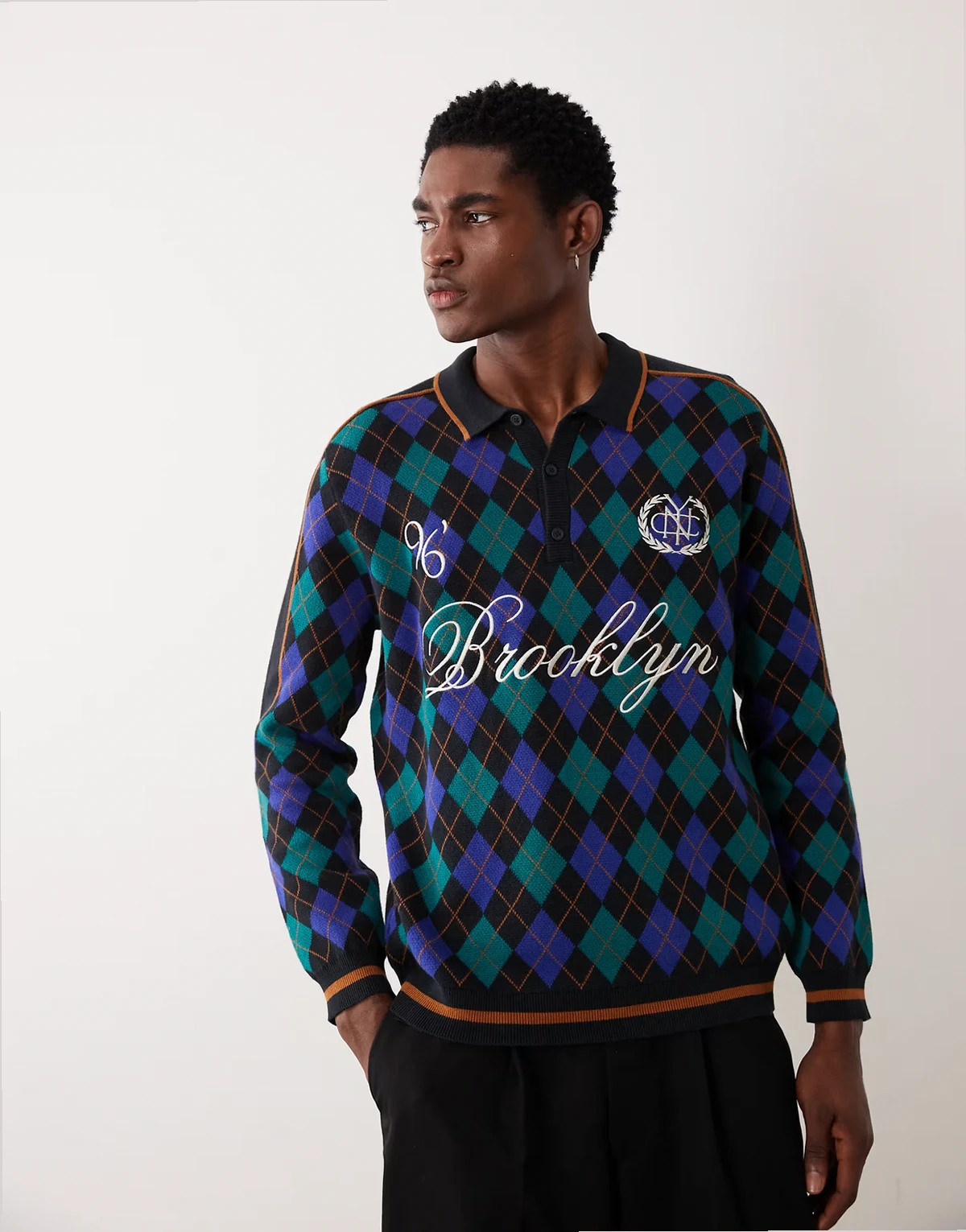 relaxed knit argyle print polo with Brooklyn embroidery in blue and black