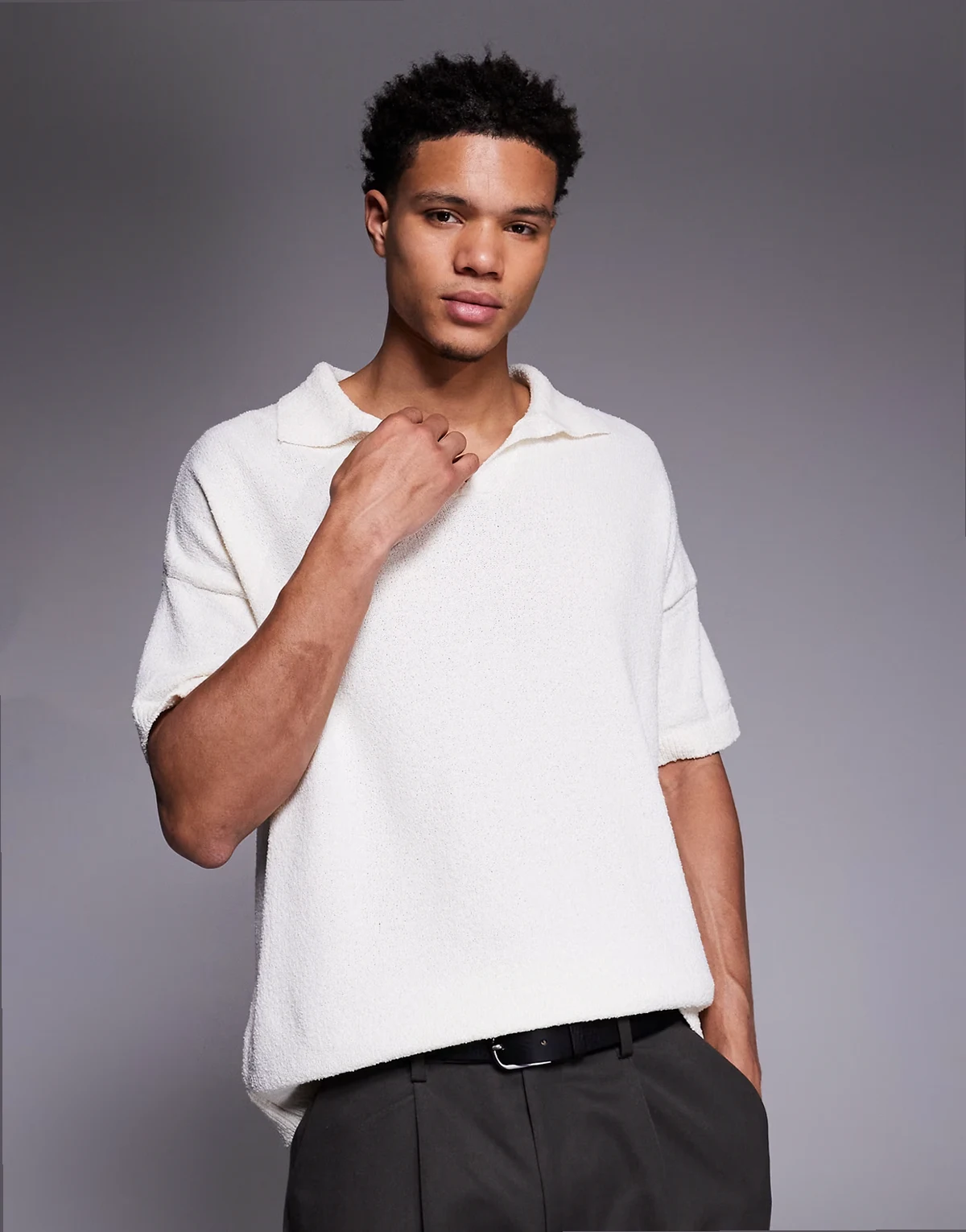 oversized textured knit notch neck polo in ecru