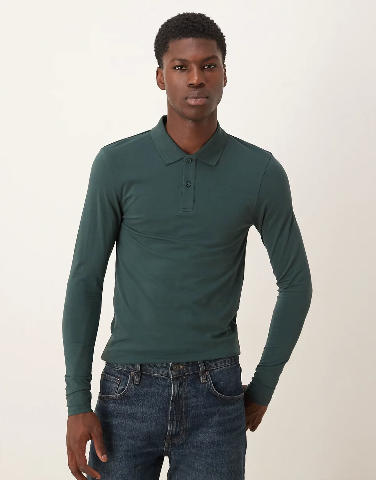 Essentials muscle fit long sleeve polo in dark khaki
