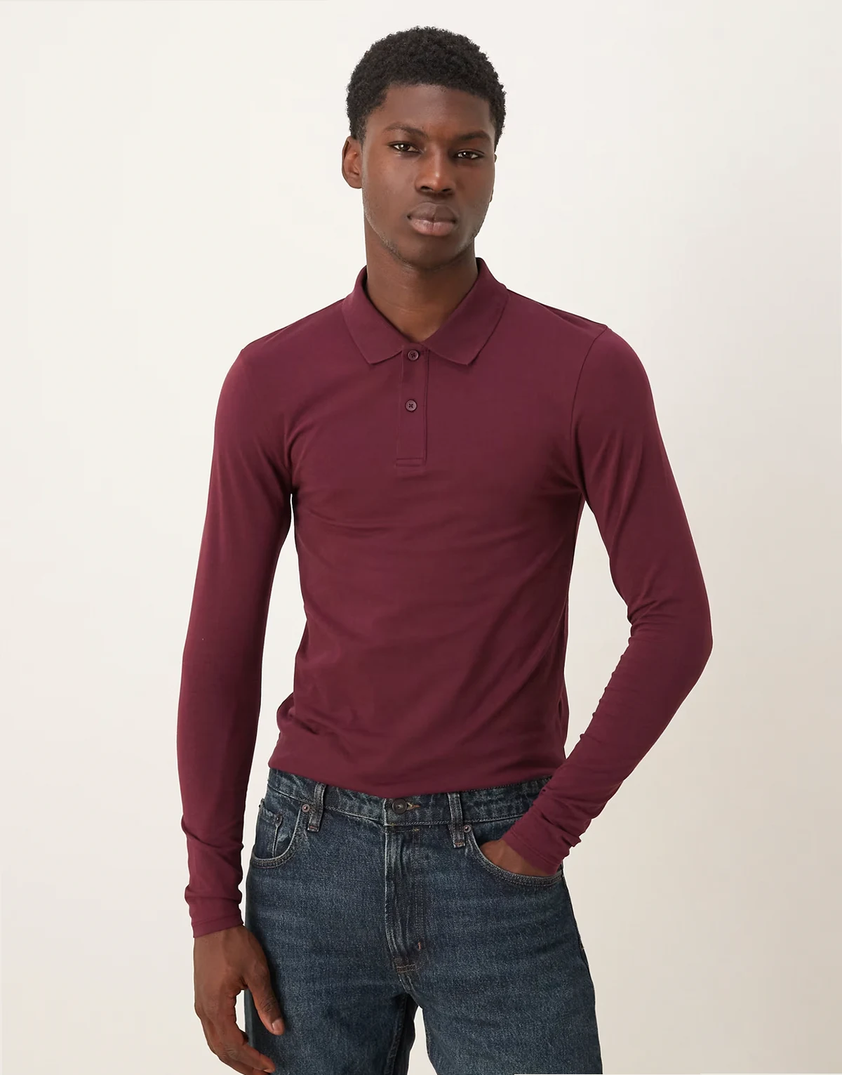 Essentials muscle fit long sleeve polo in burgundy