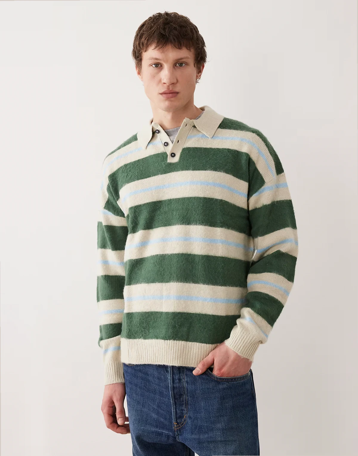 relaxed knit polo sweater in blue and green stripes