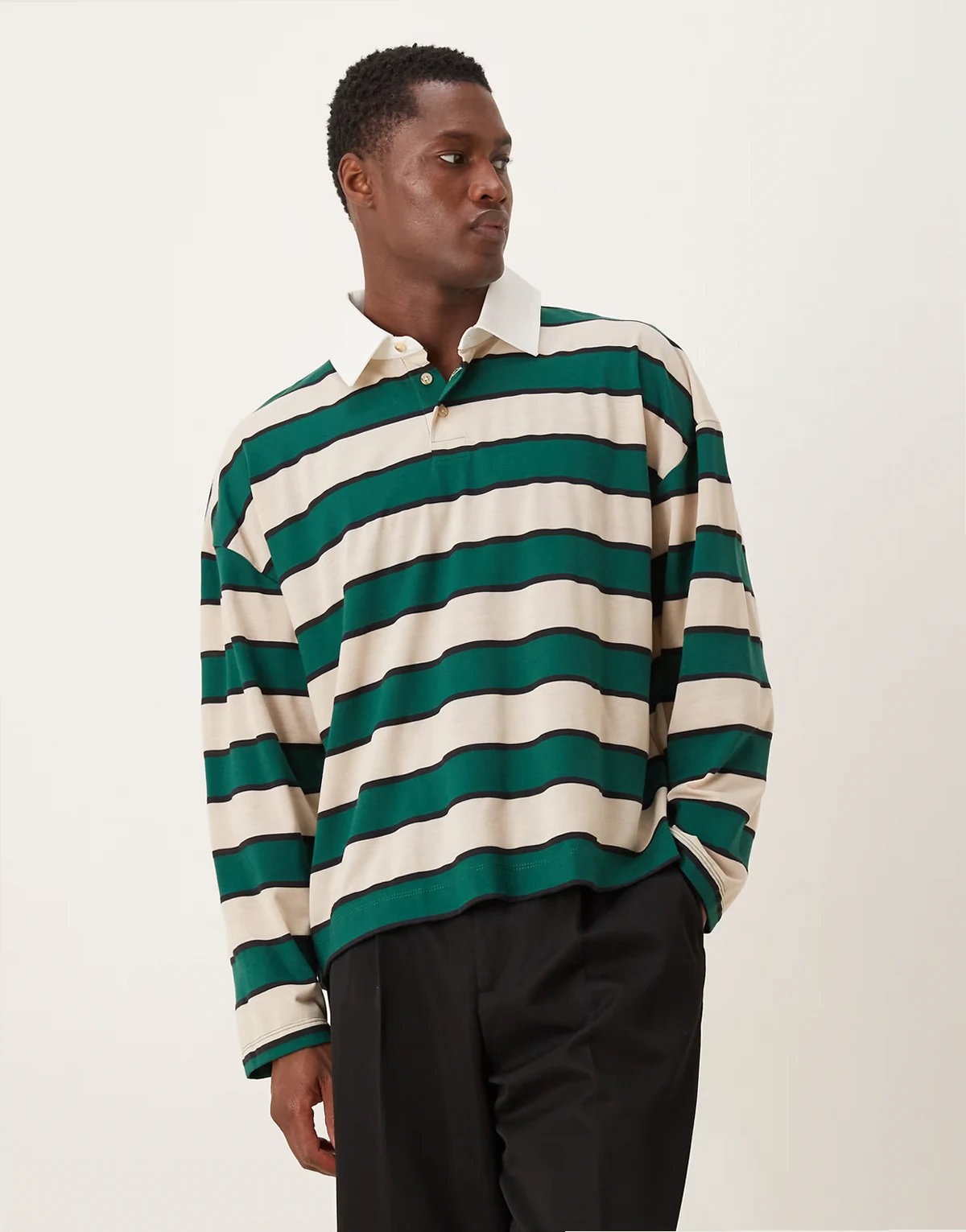 boxy oversized long sleeve rugby polo with dropped shoulder in green and white stripe