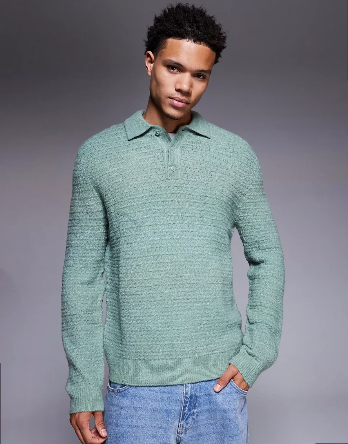 knit textured polo in sage