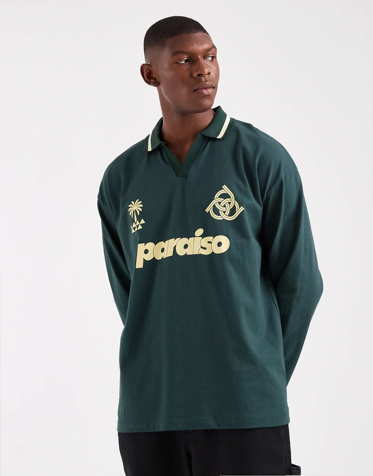 – Langärmliges Oversize-Polohemd mit „Paraiso”-Grafik in Dunkelgrün