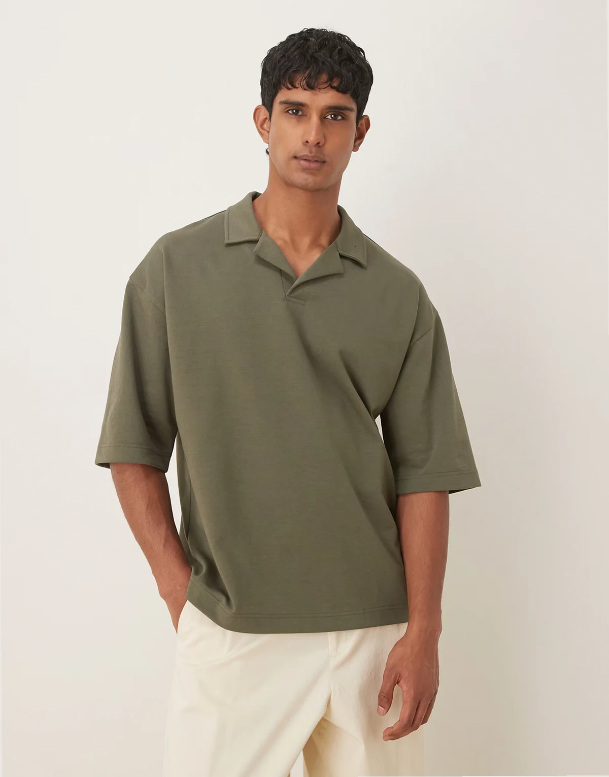 heavyweight oversized half sleeve camp collar polo shirt in khaki-green soft touch