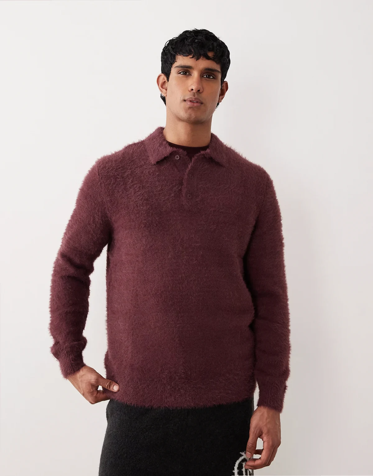 knit fluffy polo sweater in burgundy