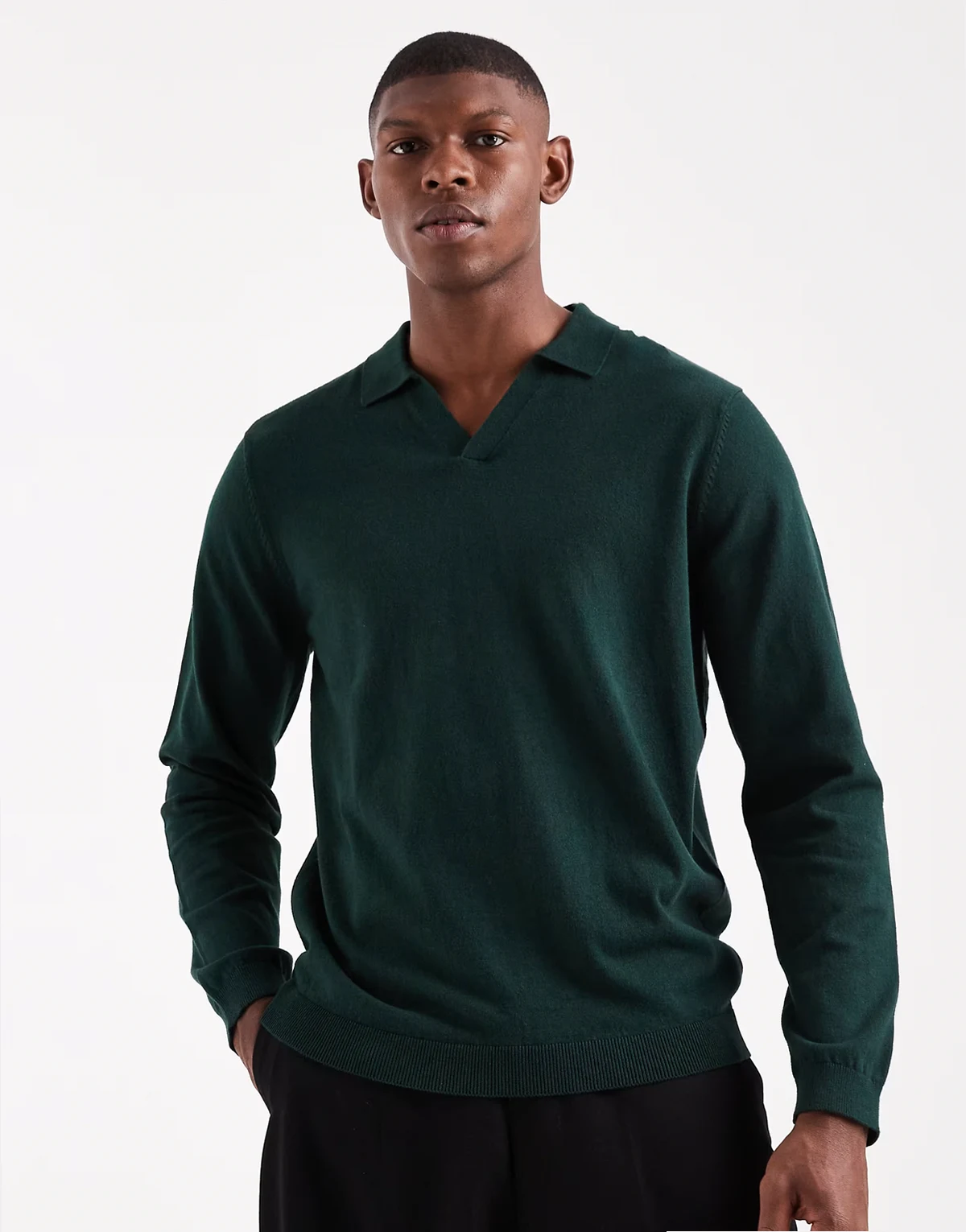 essential knit long sleeve notch neck polo shirt in dark green