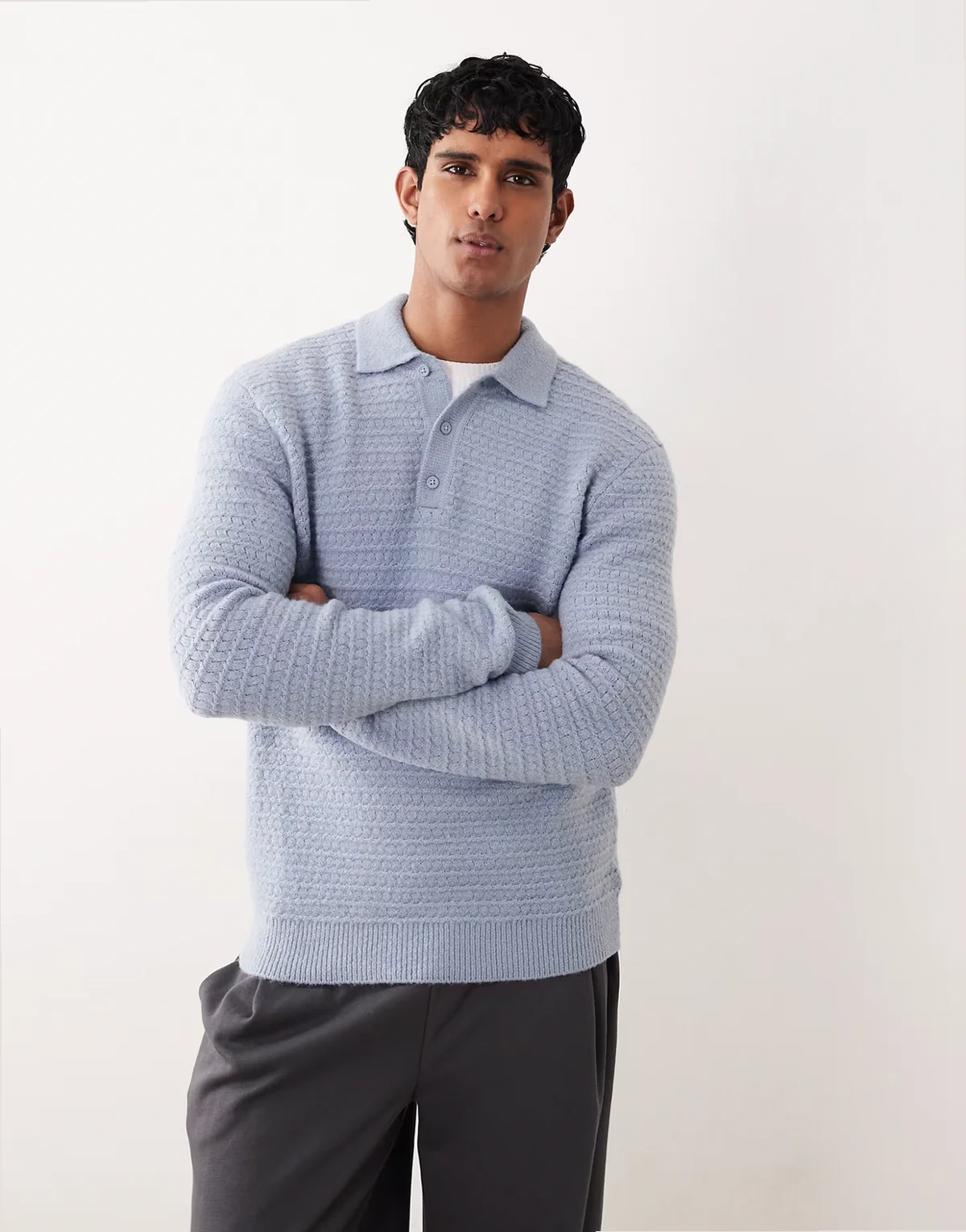 knit textured polo in blue