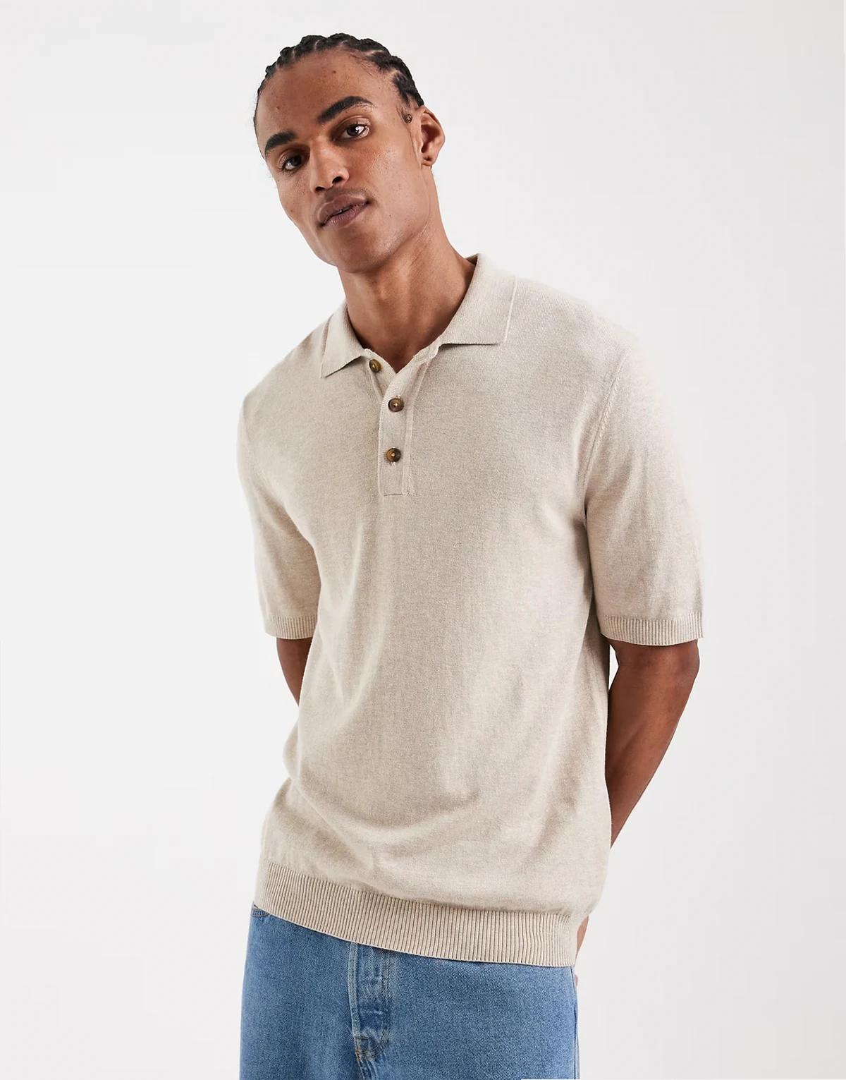 knit short sleeve polo shirt in stone