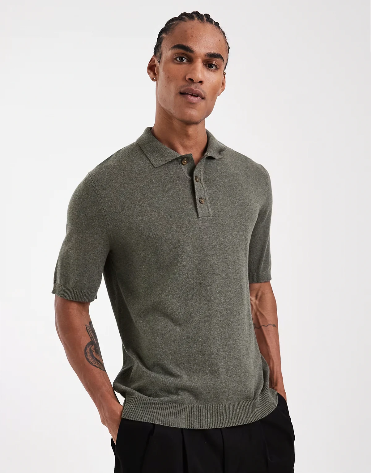 knit short sleeve polo shirt in khaki green