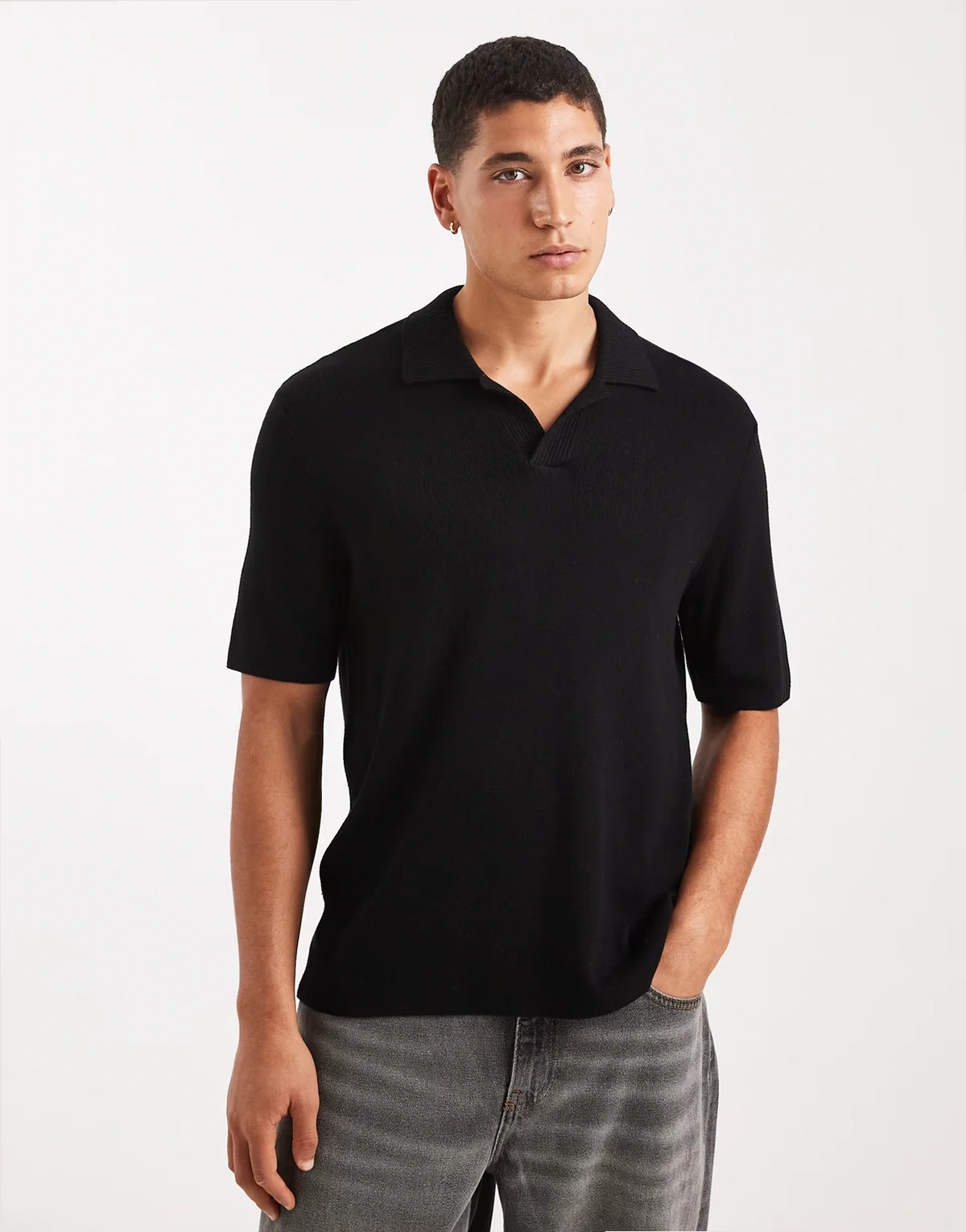 split neck knit polo shirt in black