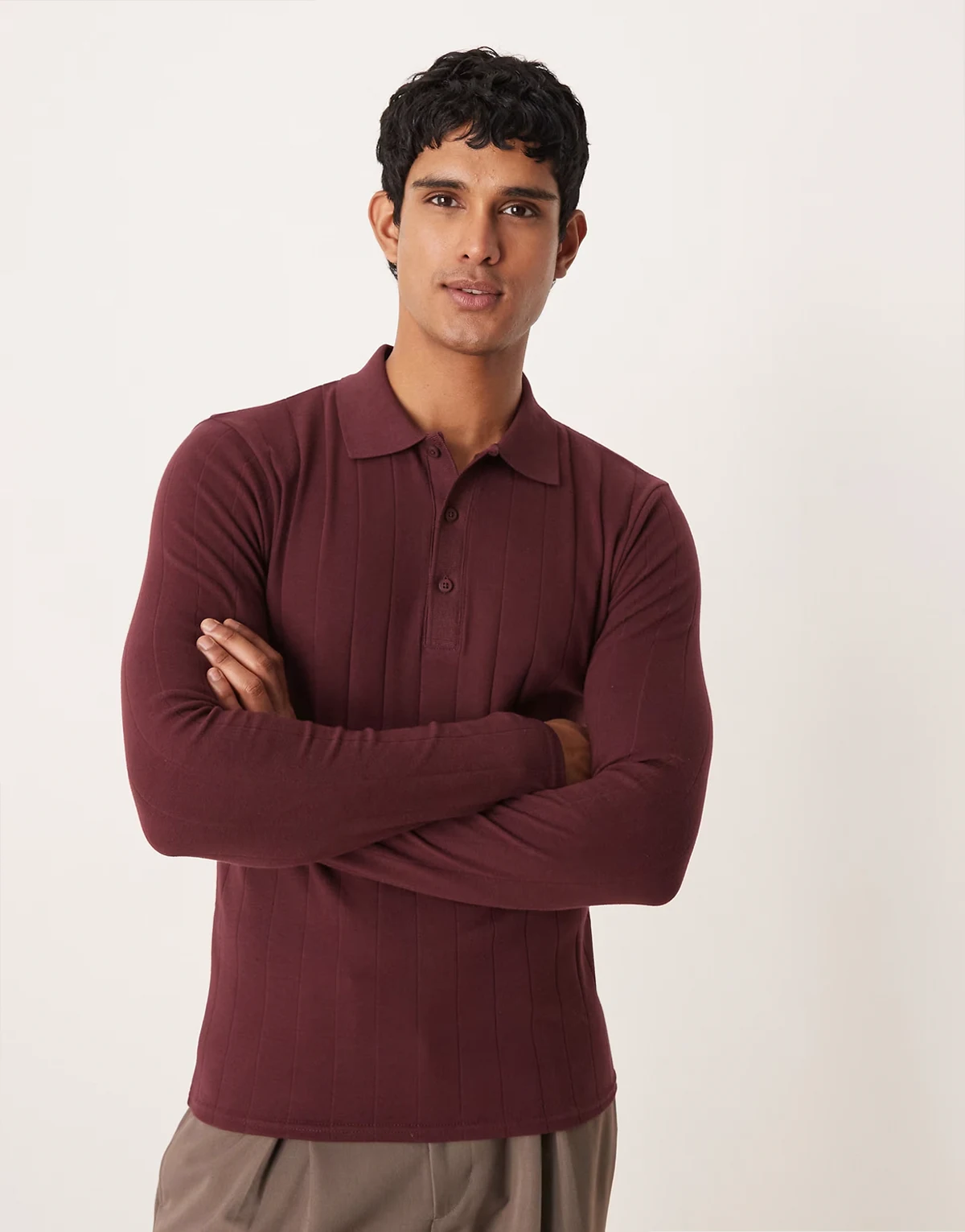 muscle fit long sleeve polo shirt in burgundy rib knit