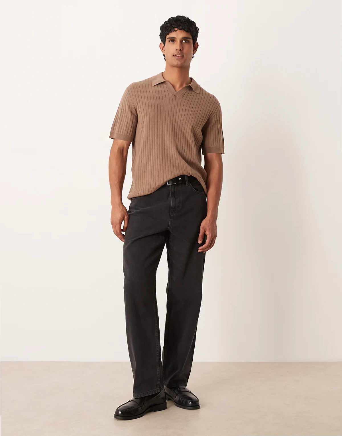 relaxed knit notch neck striped polo shirt in brown