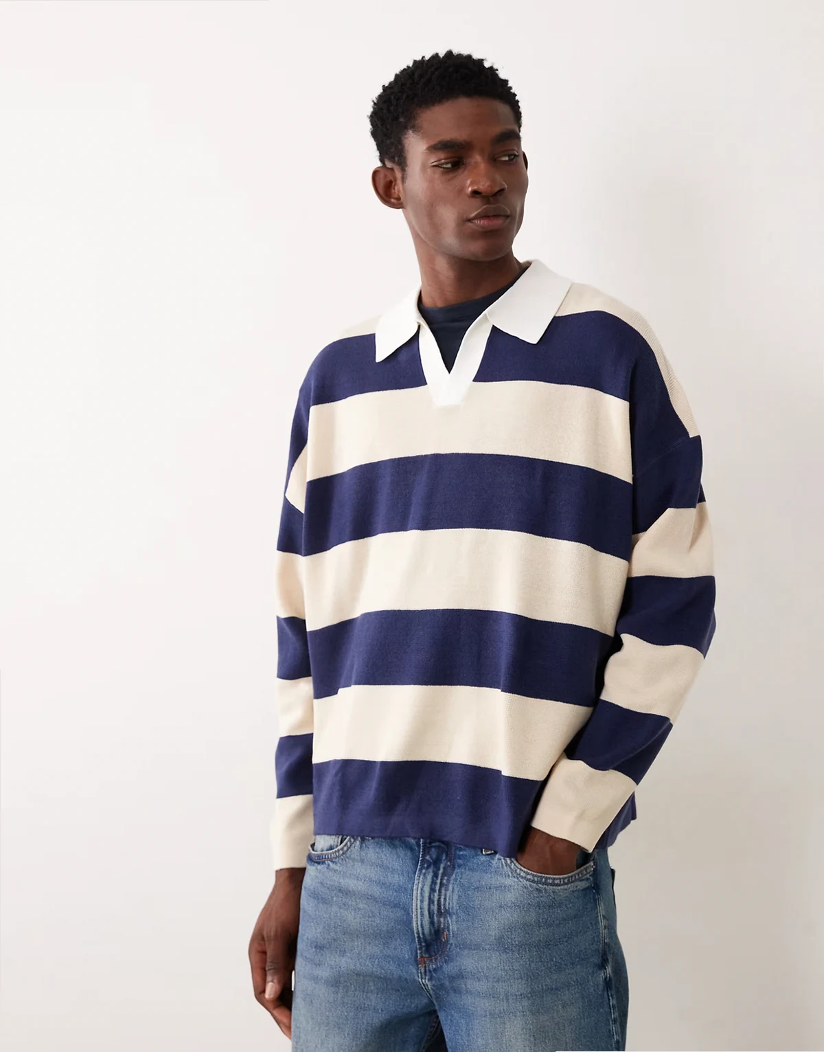 relaxed knit notch neck polo shirt in navy and ecru stripes