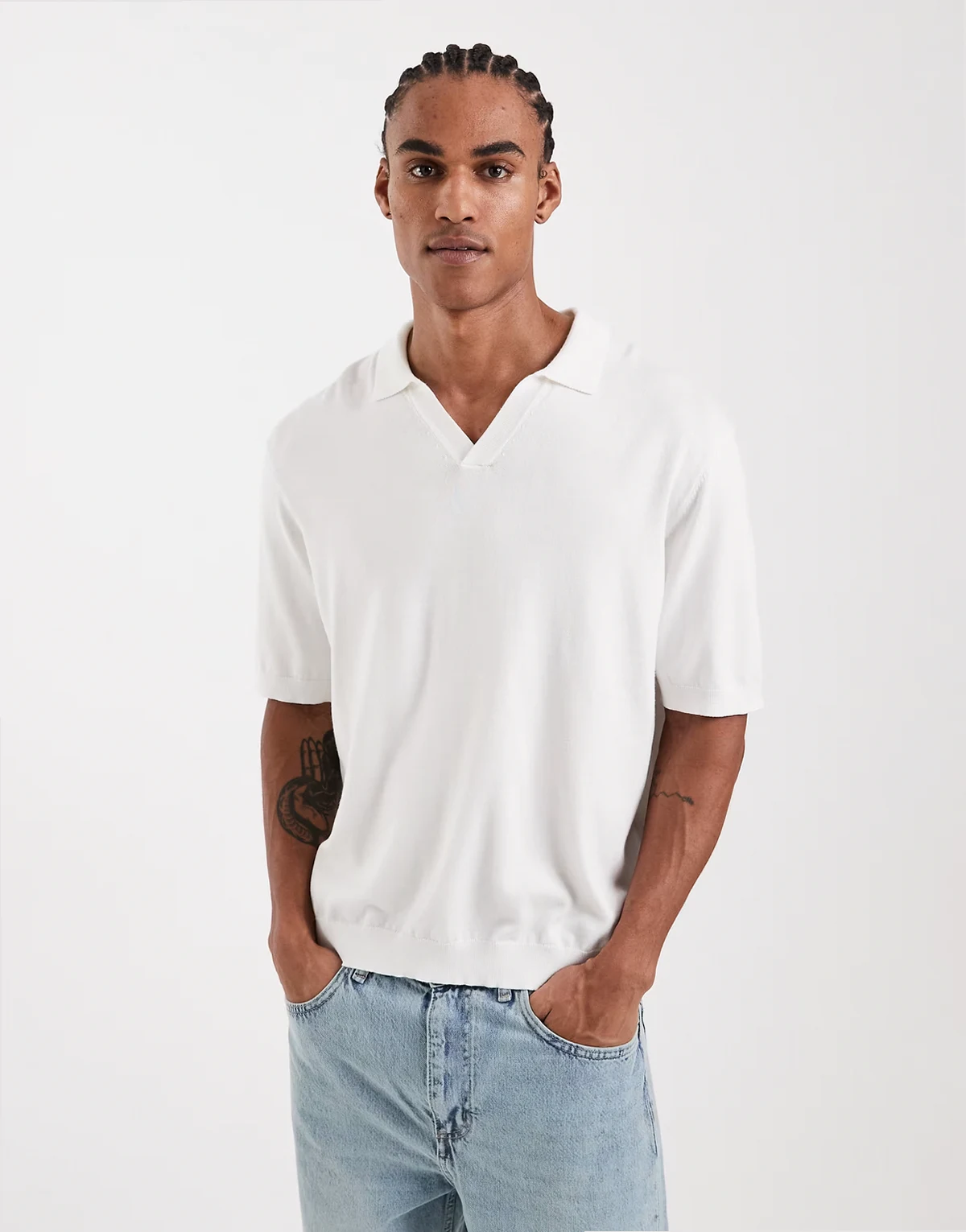 relaxed fit split neck polo shirt in white