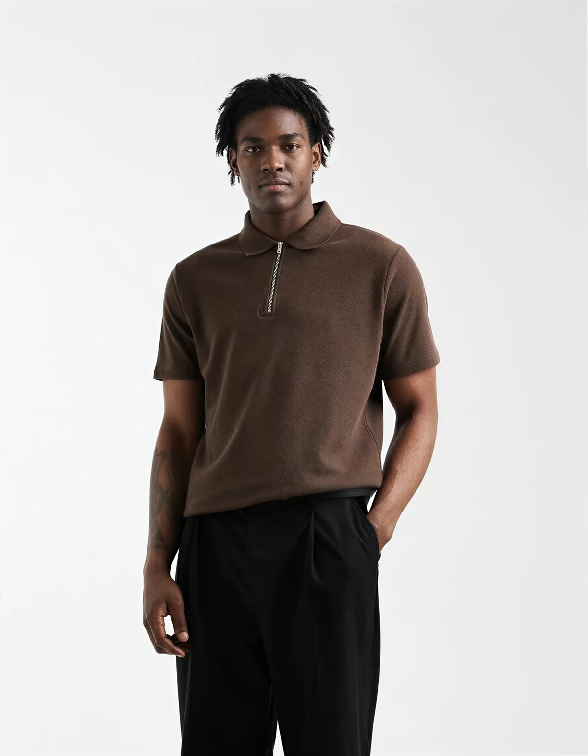 polo with quarter zip in brown boucle