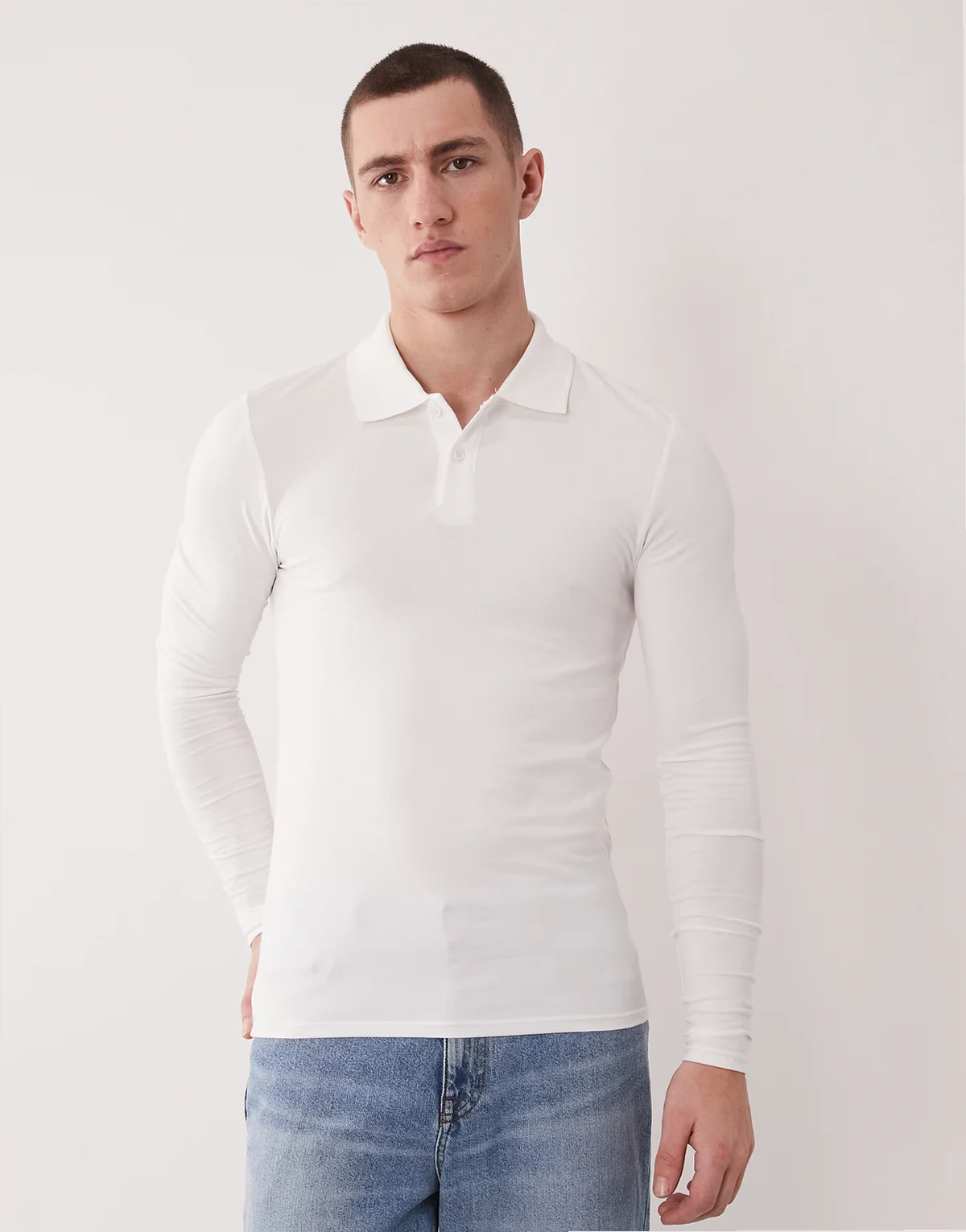 Essentials muscle fit long sleeve polo shirt in white
