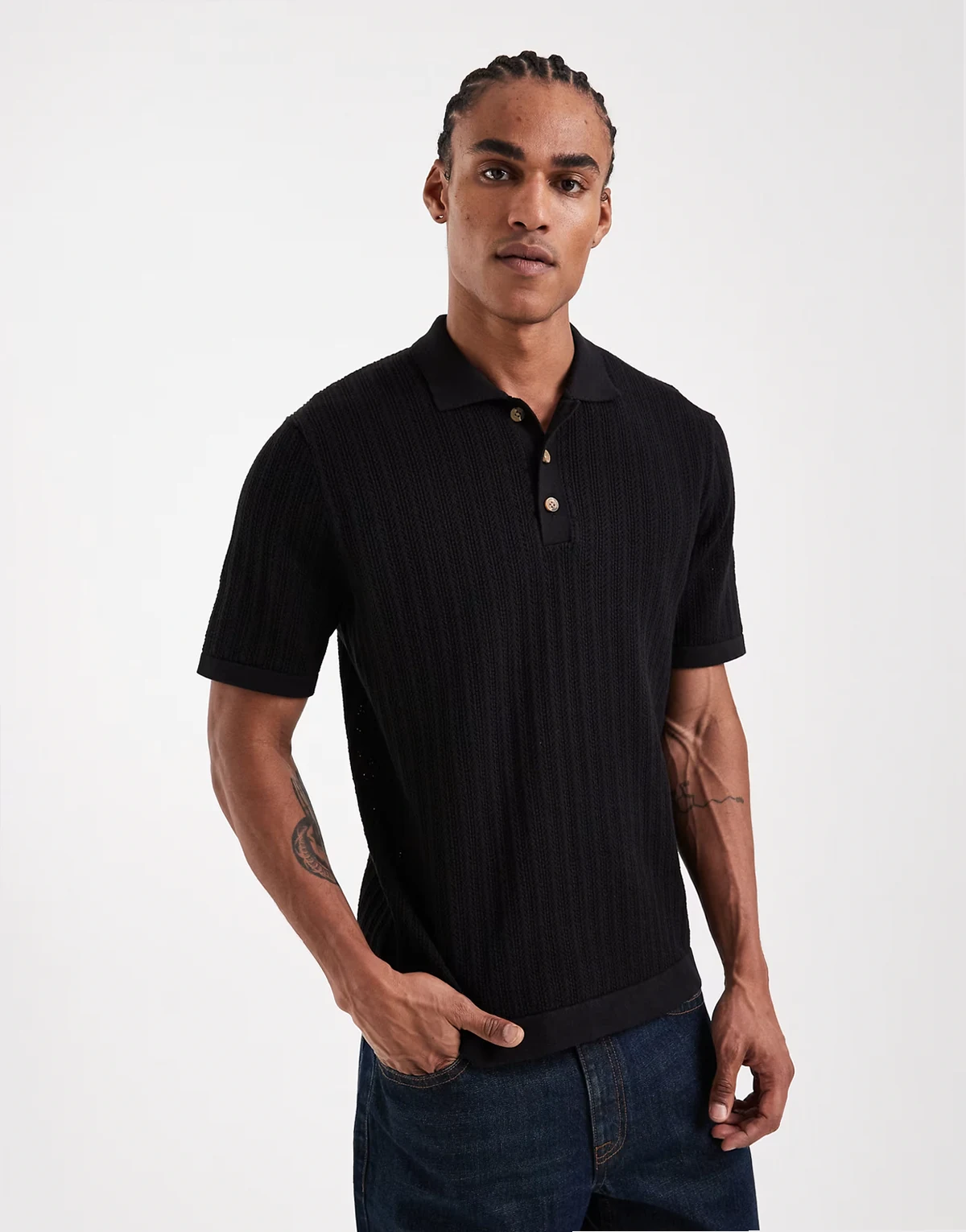 open knit polo in black