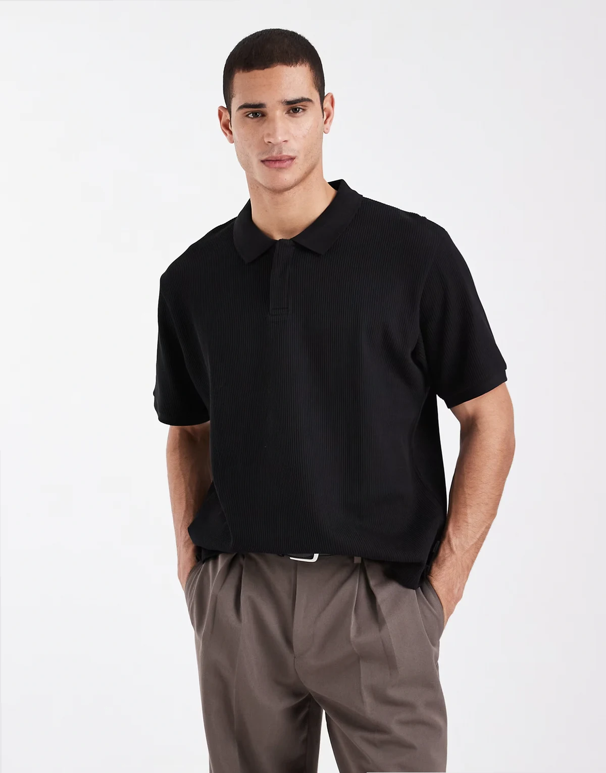 ribbed polo shirt in black