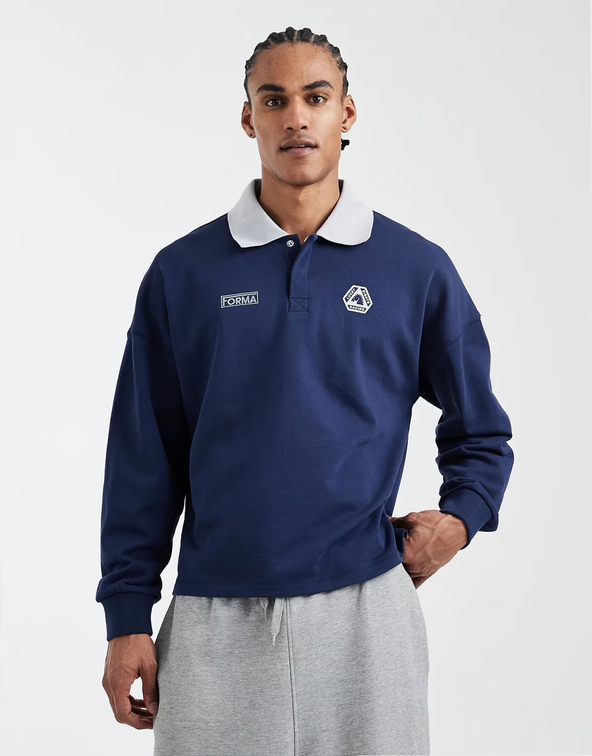 cropped fit graphic fleece polo shirt in navy