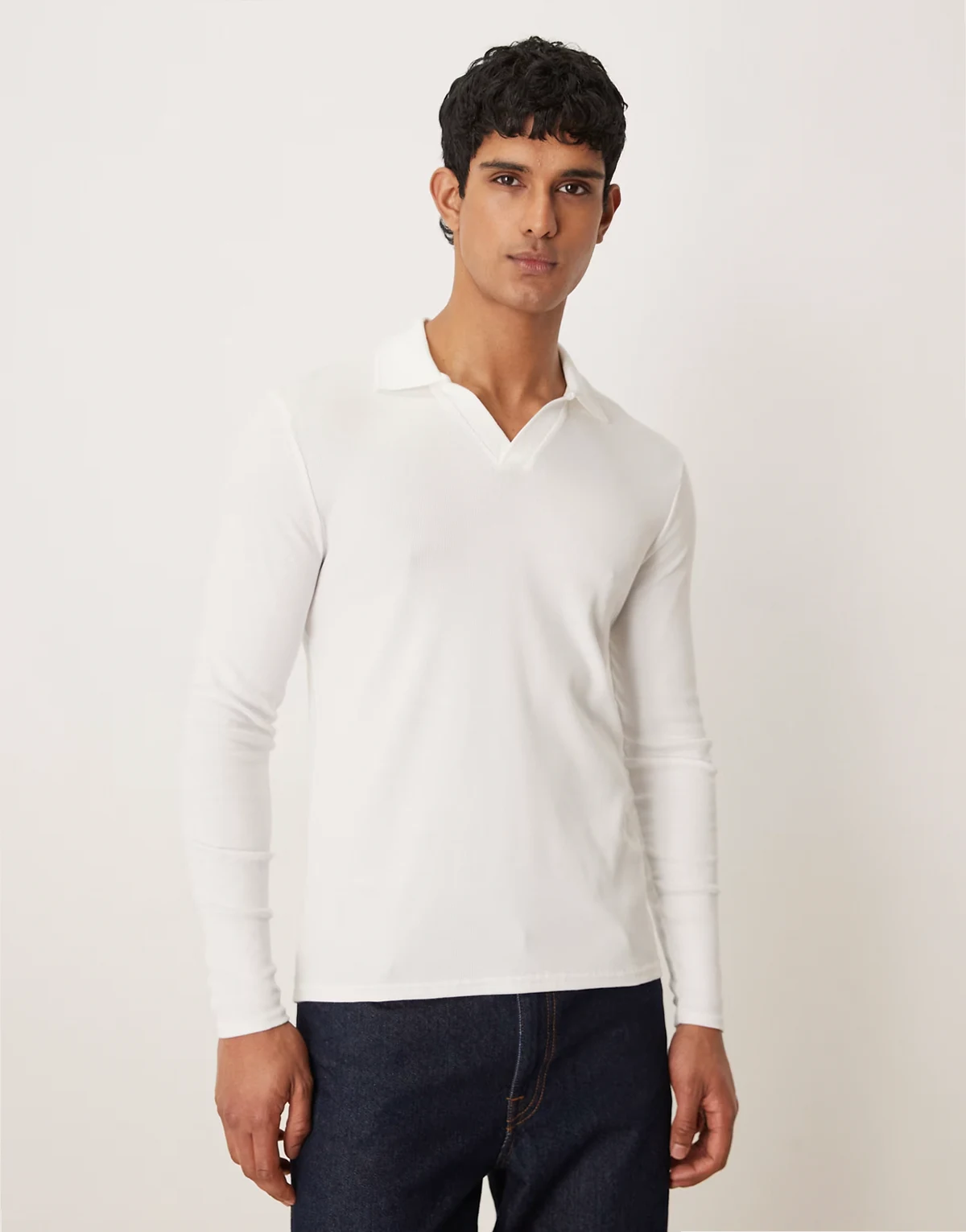 muscle fit long sleeve polo shirt in white rib knit