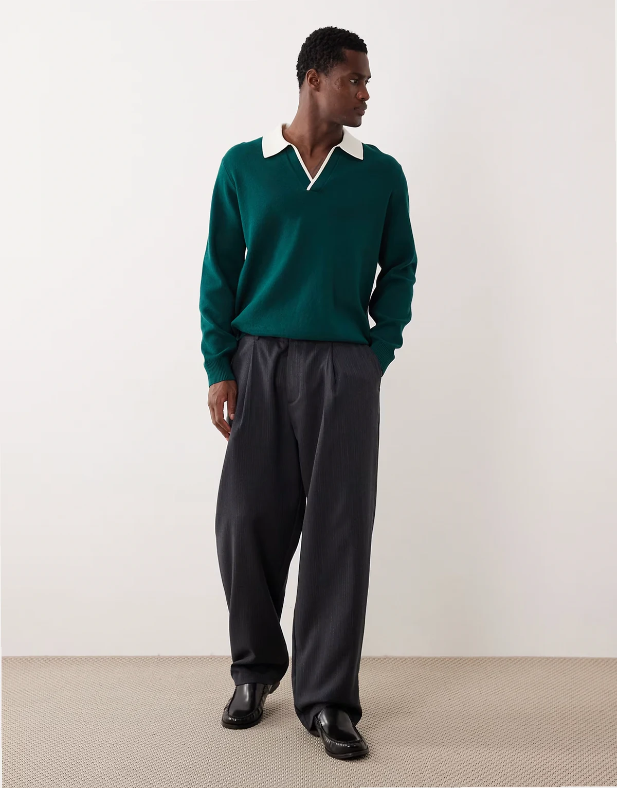 relaxed knit long sleeve notch neck polo shirt