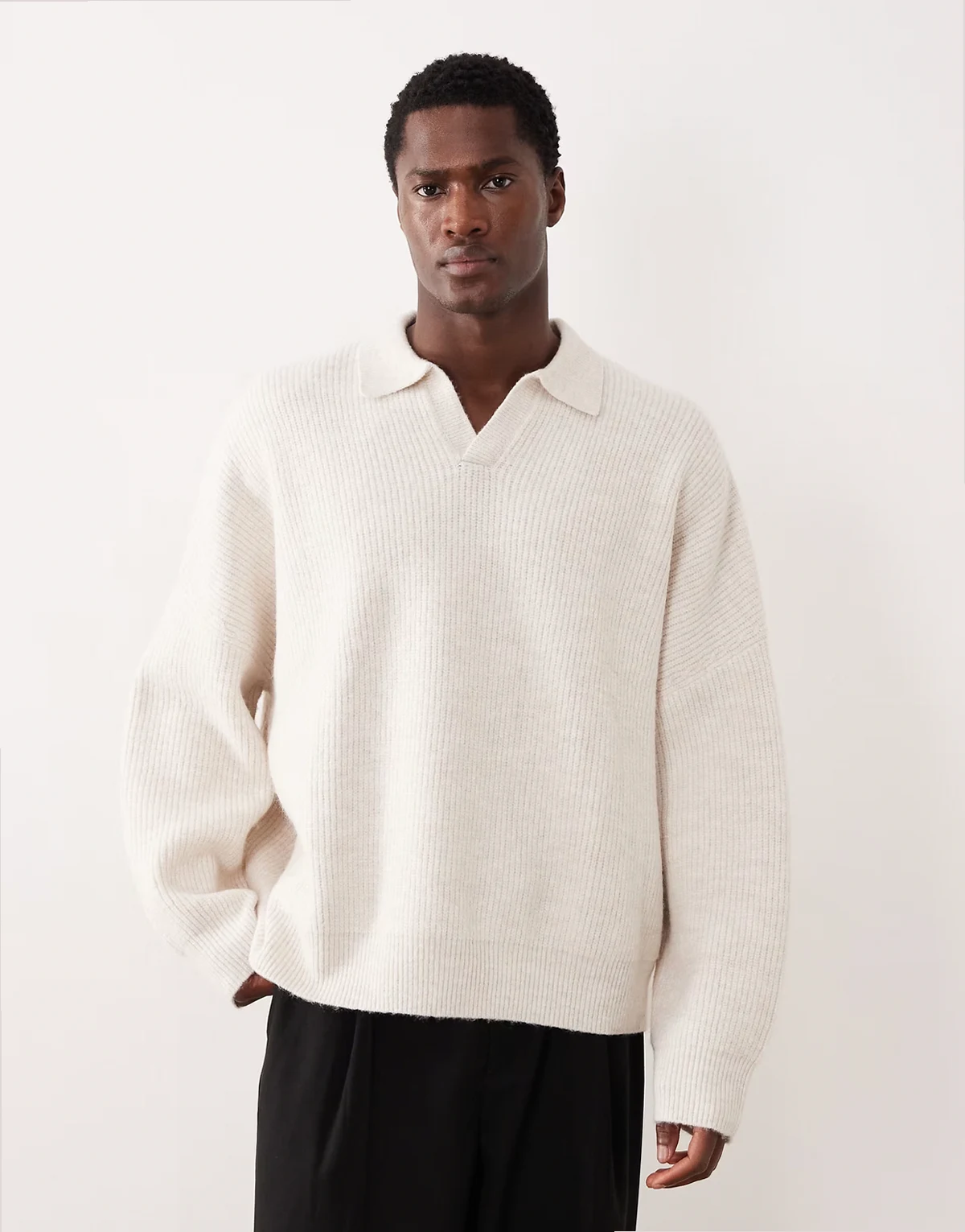 super oversized boxy fit knit fisherman rib notch neck sweater in ecru