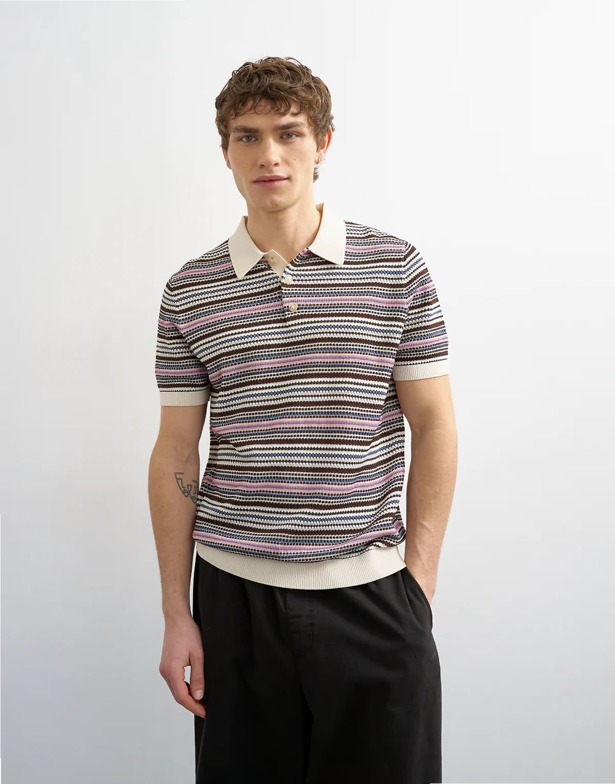 classic fit knit striped polo in cream