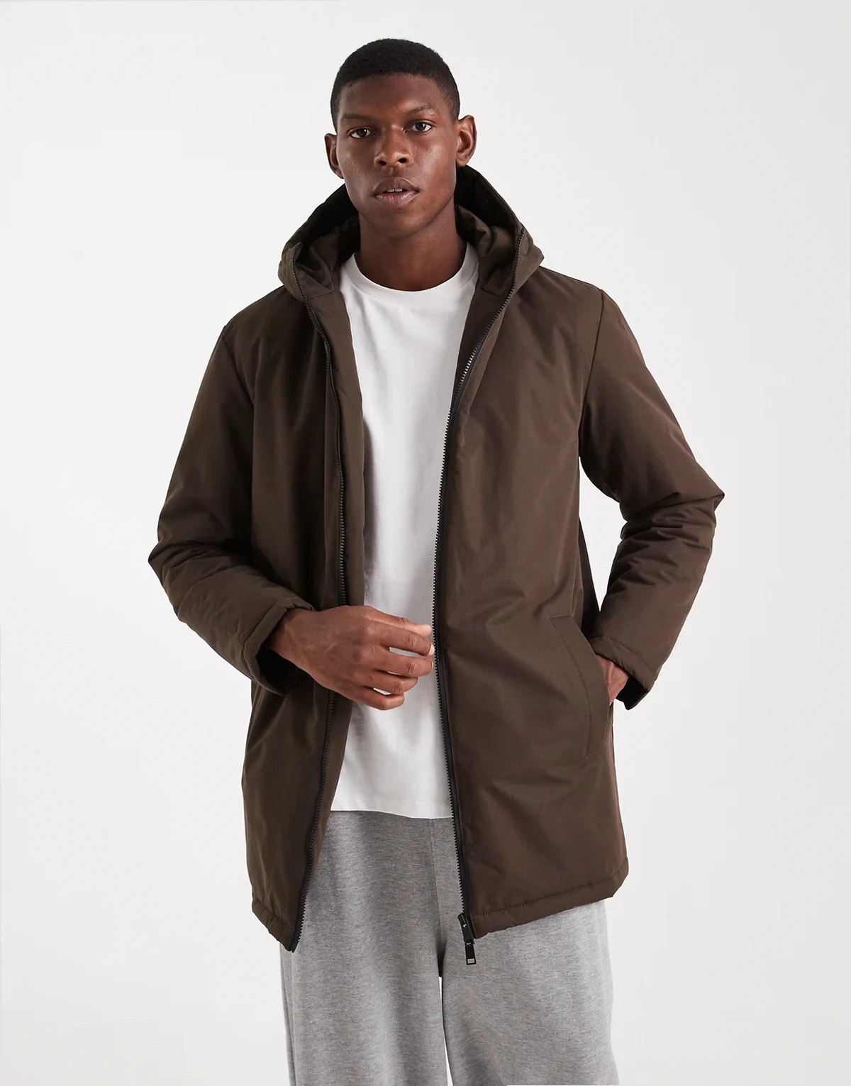 hooded zip through jacket in chocolate brown