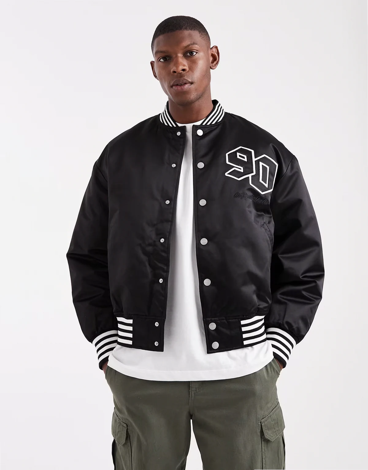 varsity bomber jacket in black