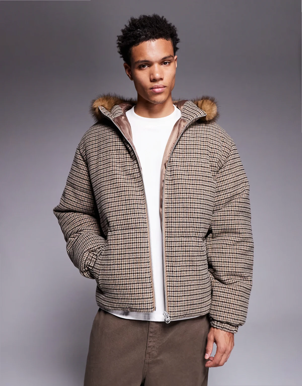 – Steppjacke in Heritage-Karo mit Kunstpelzbesatz