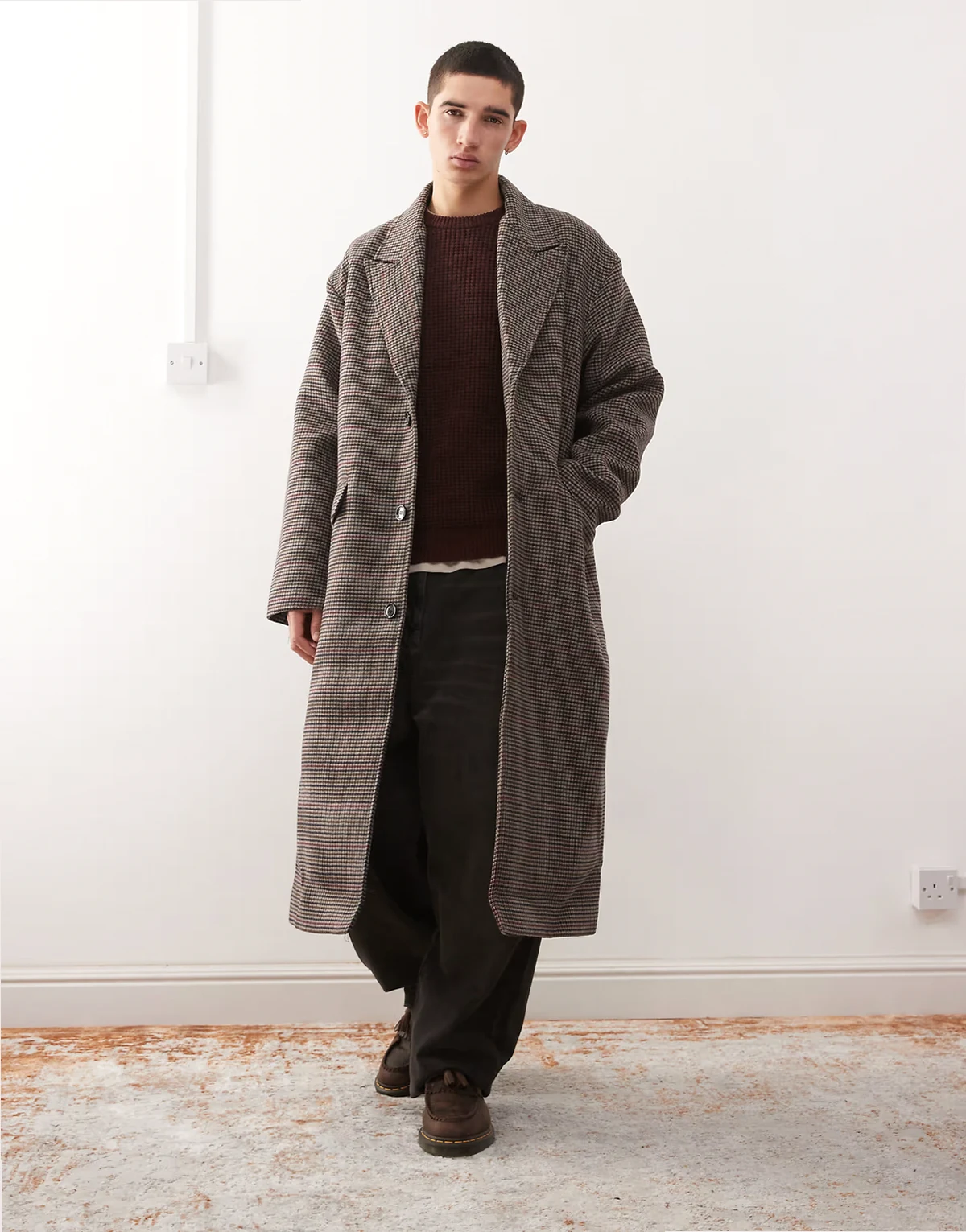 wool blend coat in black and beige check