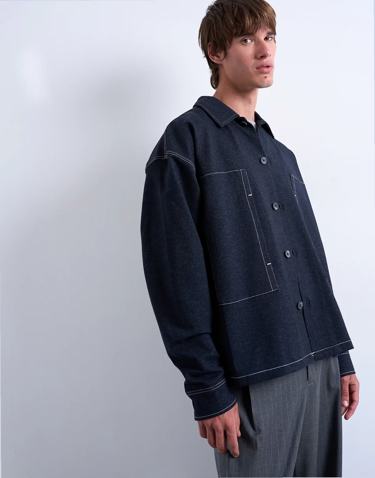 denim look jersey shacket in navy