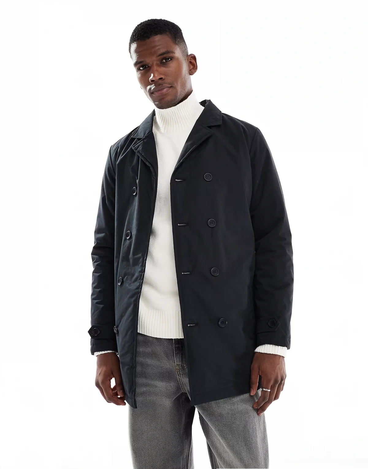 short padded double breasted trench with belt in black