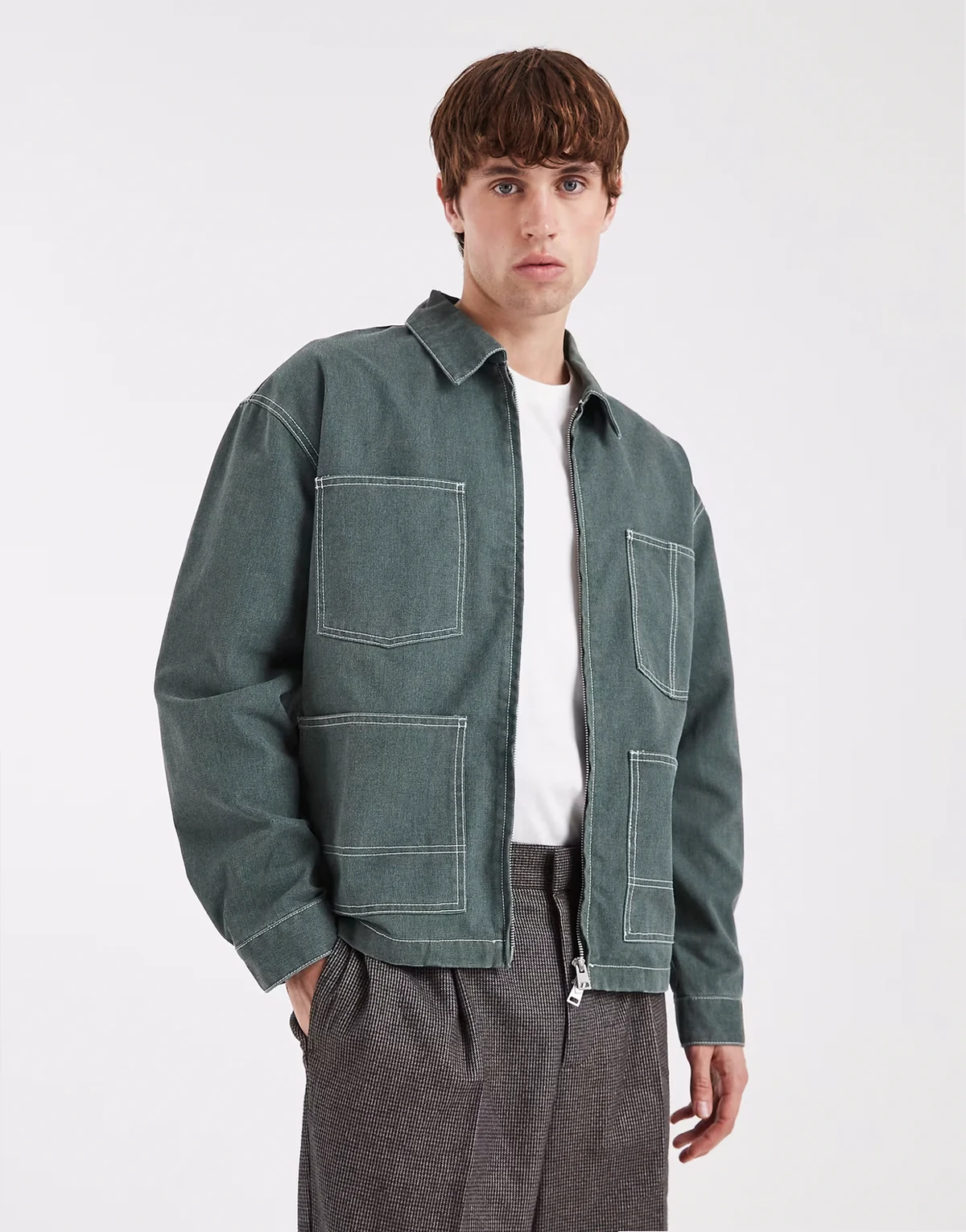 – Arbeitsjacke in Graugrün mit Kontrastnähten