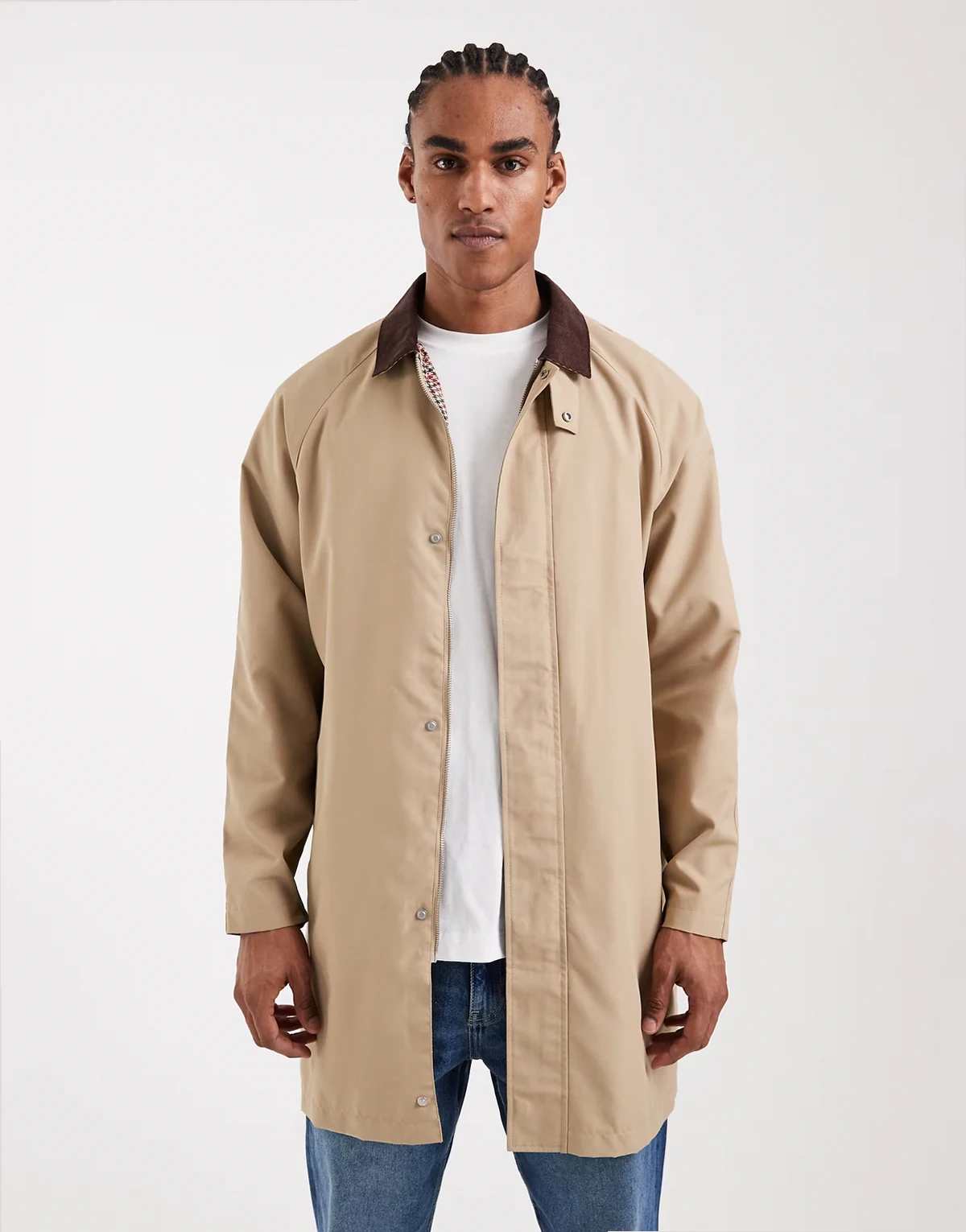 corduroy collar detail longline rain coat in beige