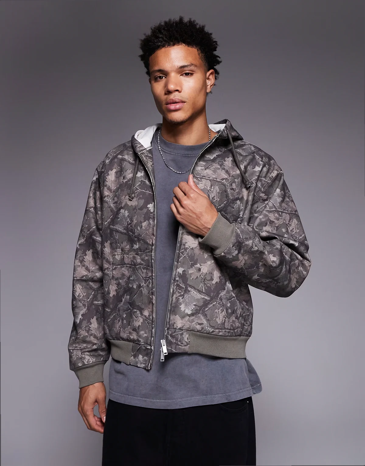 core canvas hooded zip through jacket in washed green camo