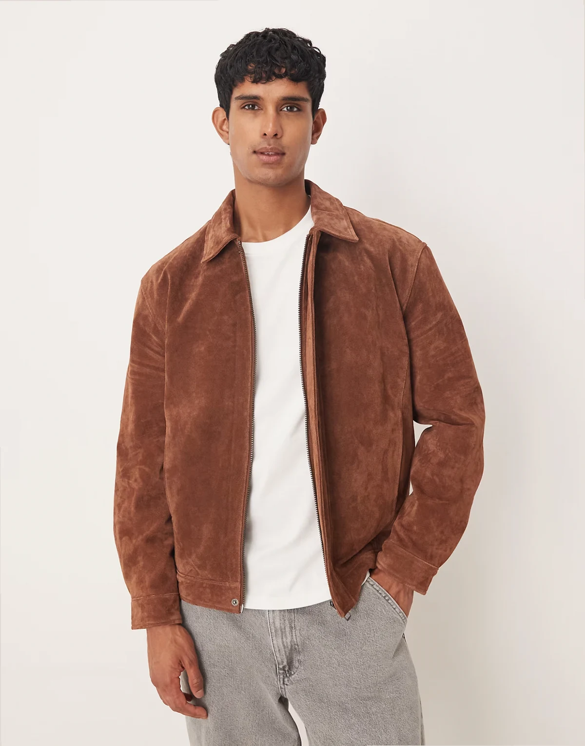 – Harrington-Jacke aus echtem Wildleder in Braun