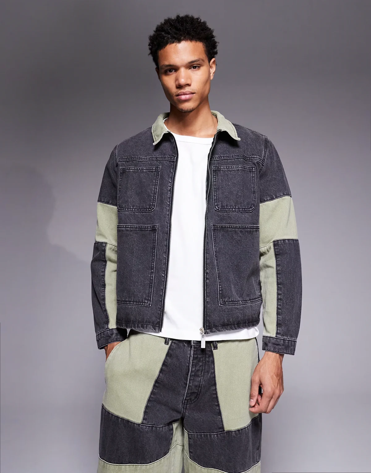 relaxed zip denim biker panel jacket in multi - part of a set