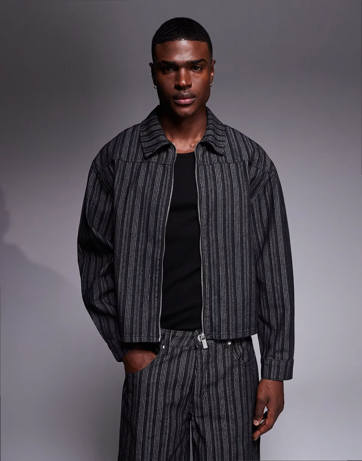 zip up harrington jacket in black pinstripe - part of a set