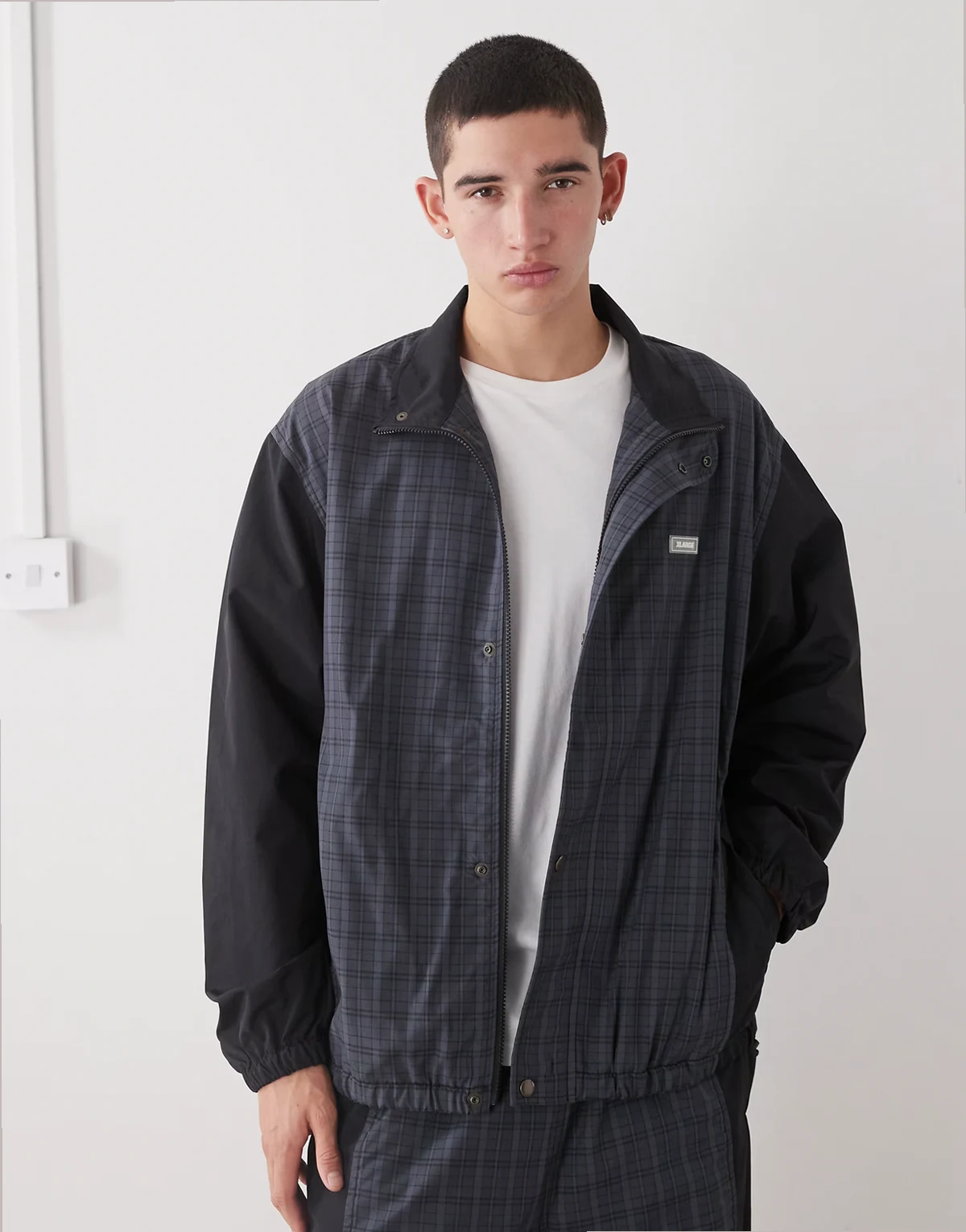 logo color block track jacket in gray and black plaid - part of a set