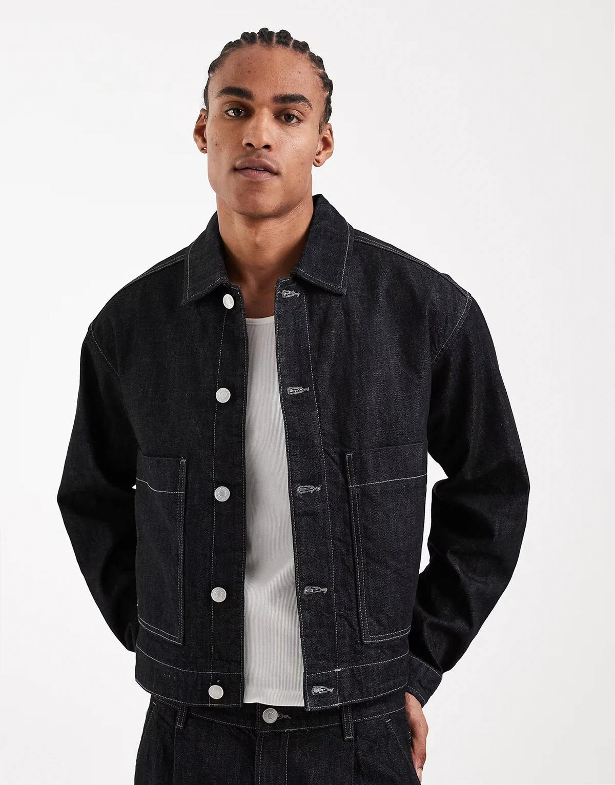 workwear raw wash denim jacket in dark blue - part of a set