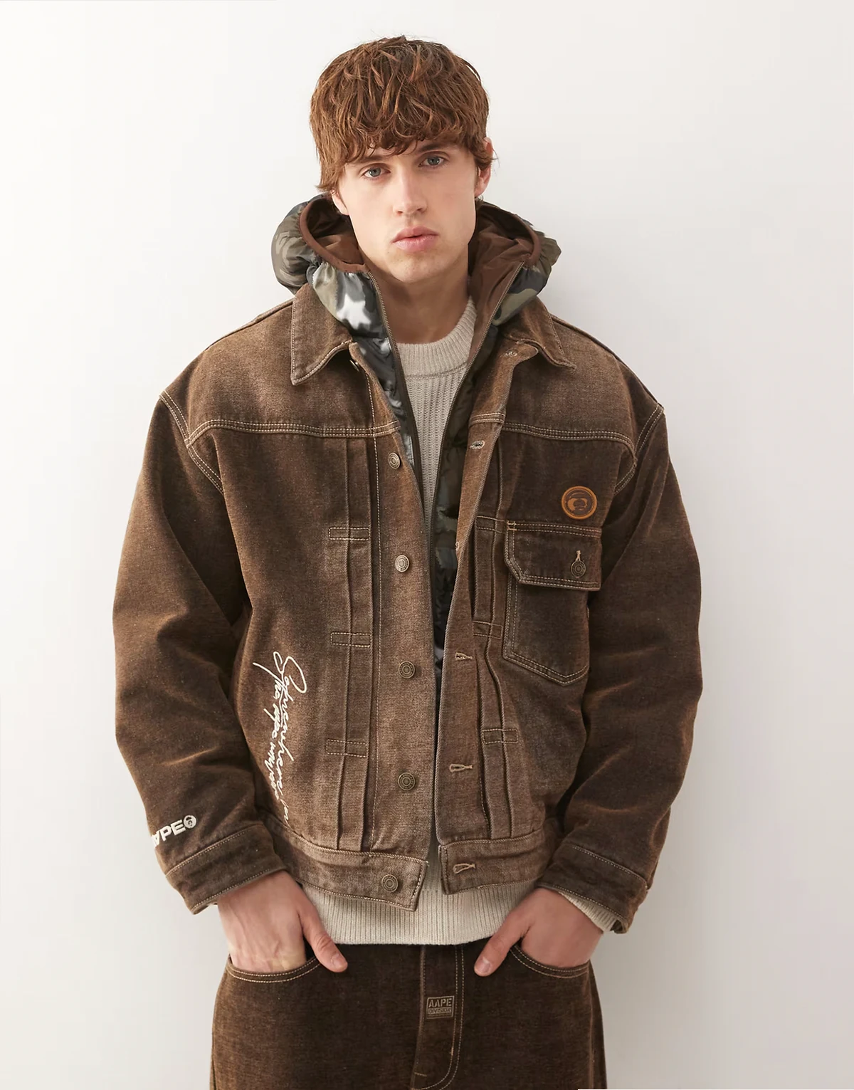 Aape by A Bathing Ape denim jacket with camo padded hood in multi - part of a set