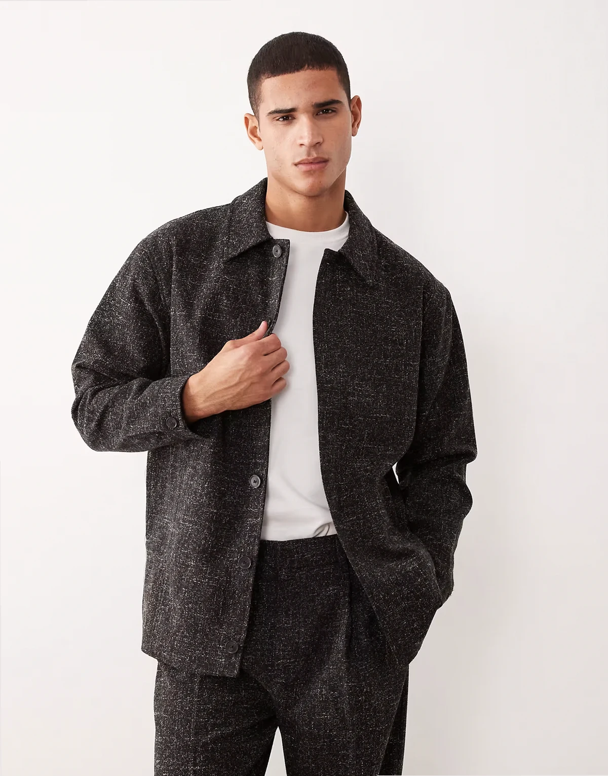 oversized smart harrington jacket in charcoal boucle fabric - part of a set