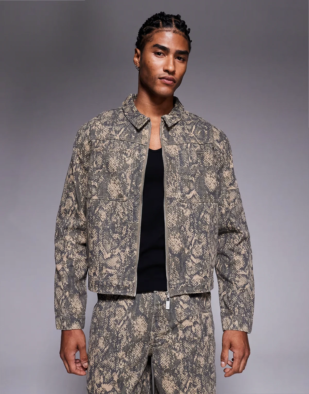 zip up harrington jacket in olive snake print - part of a set