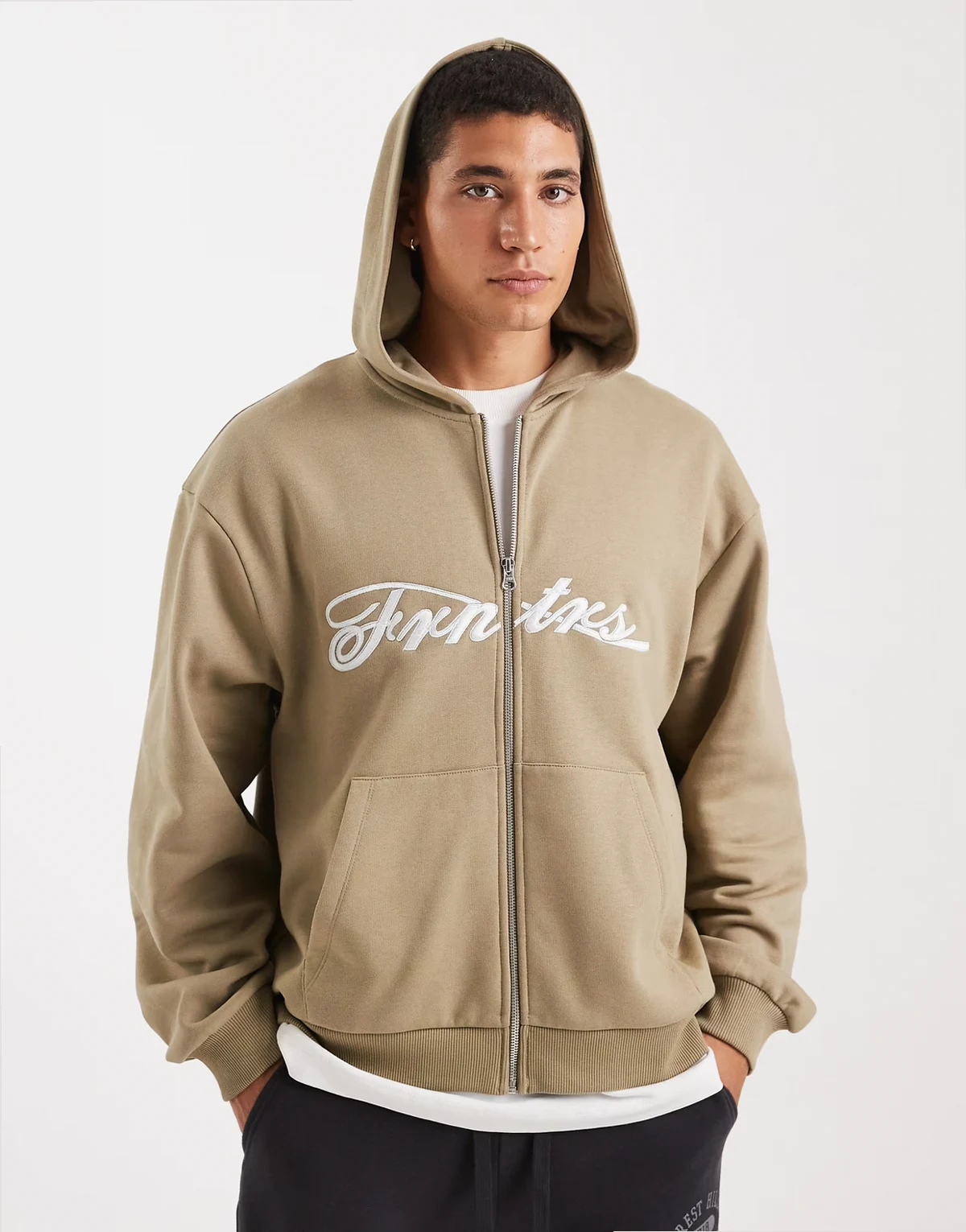 – Relaxed-Fit-Kapuzenjacke in Beige mit Stickerei-Print und durchgehendem Reißverschluss