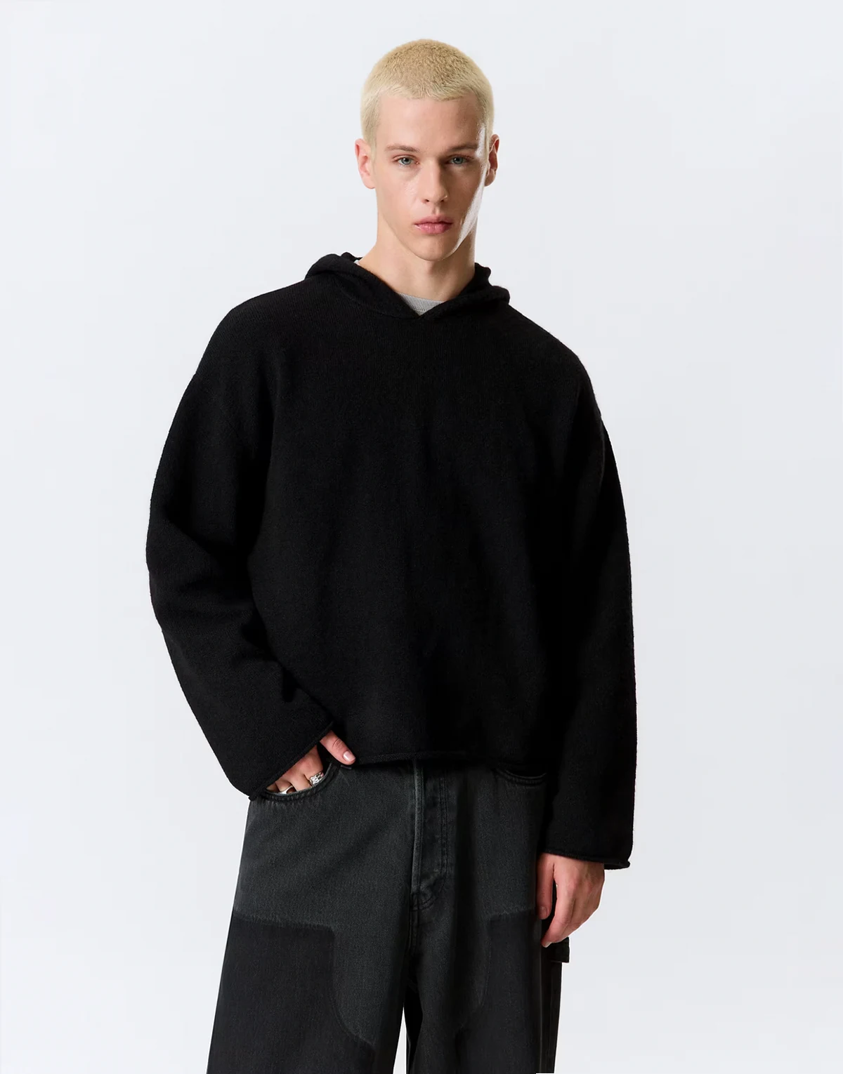 wool blend slouchy fit knit hoodie in black