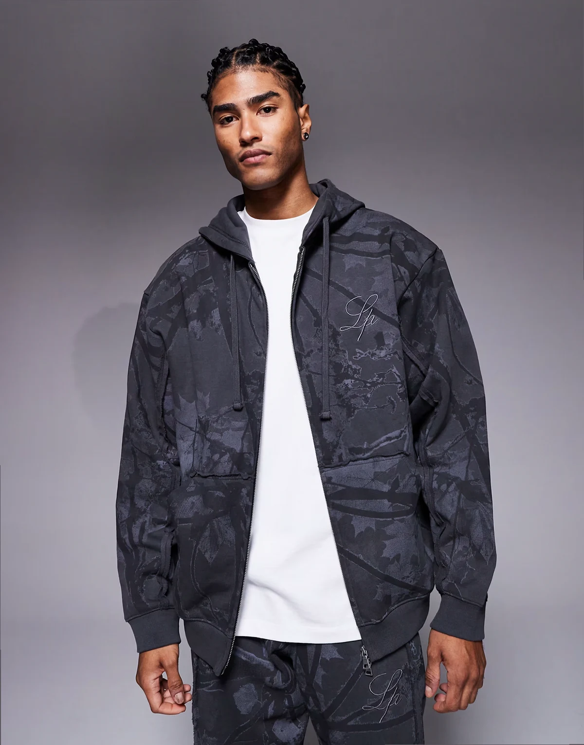 oversized camo print zip up hoodie in multi