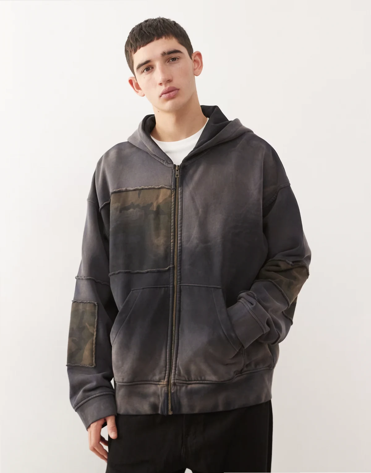 camo print zip up hoodie in washed black